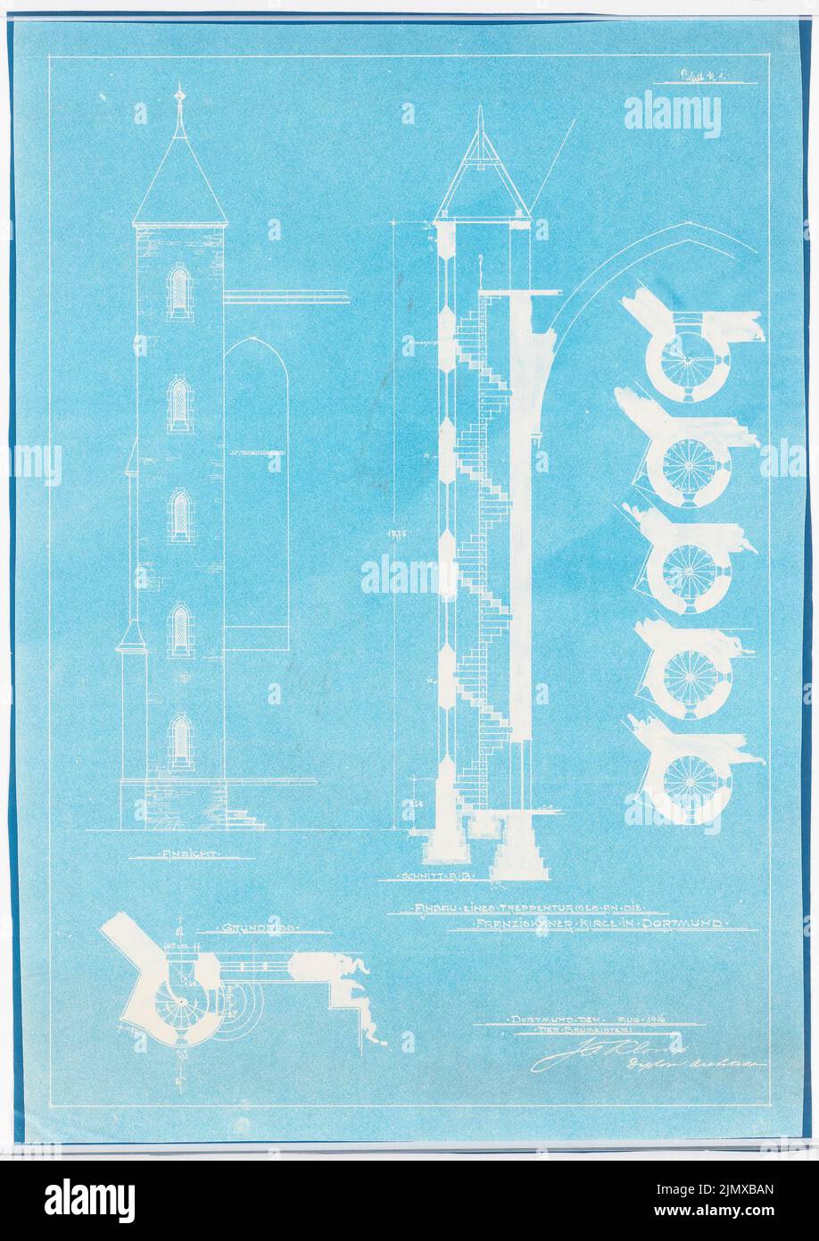 Klomp Johannes Franziskus (1865-1946), San Francesco (ed espansione del monastero francescano), Dortmund (08,1906): Coltivazione di una torre di scale alla Franziskanerkirche, vista, taglio e pianta. Progetto su carta, 66,7 x 47,1 cm (compresi i bordi di scansione) Klomp Johannes Franziskus (1865-1946): St. Franziskus (und Erweiterung Franziskanerkloster), Dortmund Foto Stock