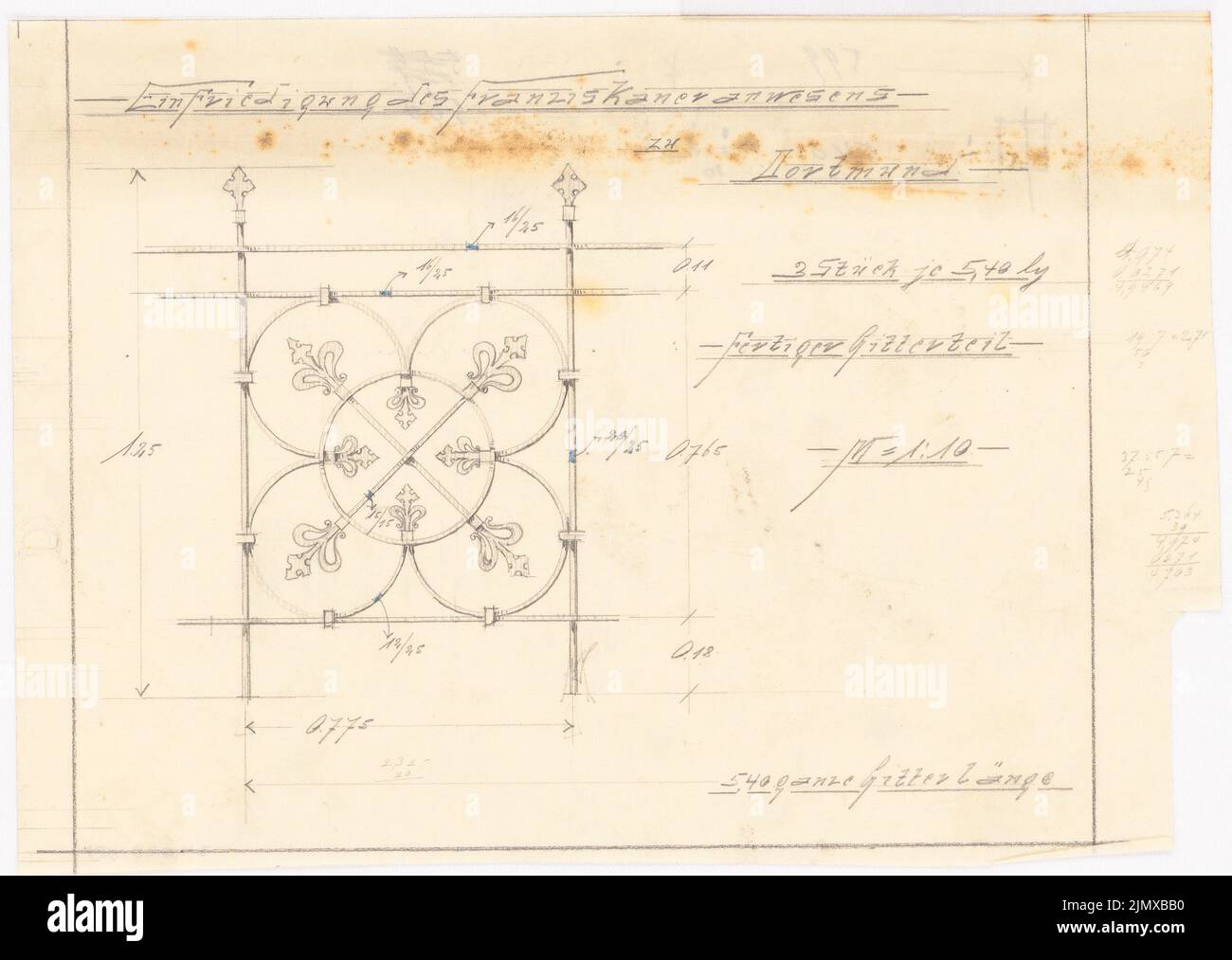 Klomp Johannes Franziskus (1865-1946), San Francesco (e l'espansione del monastero francescano), Dortmund (1900-1903): Forgiare il lavoro per la meta della scherma per il portale della chiesa, vedi 1:10. Matita su trasparente, 20,6 x 29 cm (compresi i bordi di scansione) Klomp Johannes Franziskus (1865-1946): St. Franziskus (und Erweiterung Franziskanerkloster), Dortmund Foto Stock