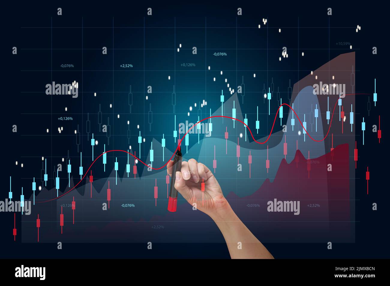 Grafico olografico con tassi e indicatori in aumento. Concetto di crescita aziendale, alta redditività, startup di successo. Foto Stock