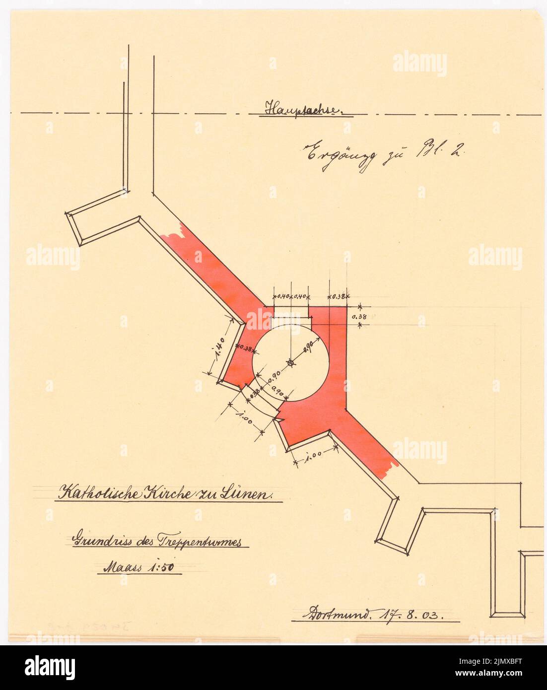 Klomp Johannes Franziskus (1865-1946), Santa Famiglia Chiesa, Lünen (17.08.1903): Pianta della torre della scala 1:50. Tusche, matita acquarello trasparente, 29,6 x 25,1 cm (compresi i bordi di scansione) Klomp Johannes Franziskus (1865-1946): Heilige Familie-Kirche, Lünen Foto Stock