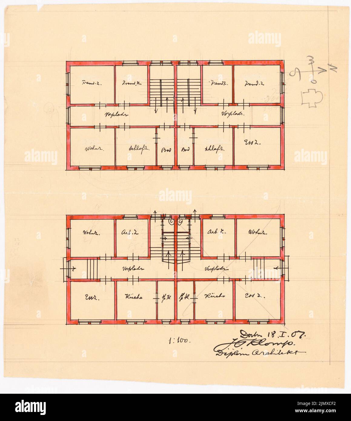 Klomp Johannes Franziskus (1865-1946), St. Marien (ampliamento e nuova costruzione di Kaplanei e casa gemella), Herne-Baukau (18 gennaio 1907): Pianta piano superiore della casa gemella 1: 100 (variante 1). Tusche, matita acquarello trasparente, 35,8 x 31,9 cm (compresi i bordi di scansione) Klomp Johannes Franziskus (1865-1946): St. Marien, Herne-Baukau. Erweiterung und Verkauf von Kaplanei Foto Stock