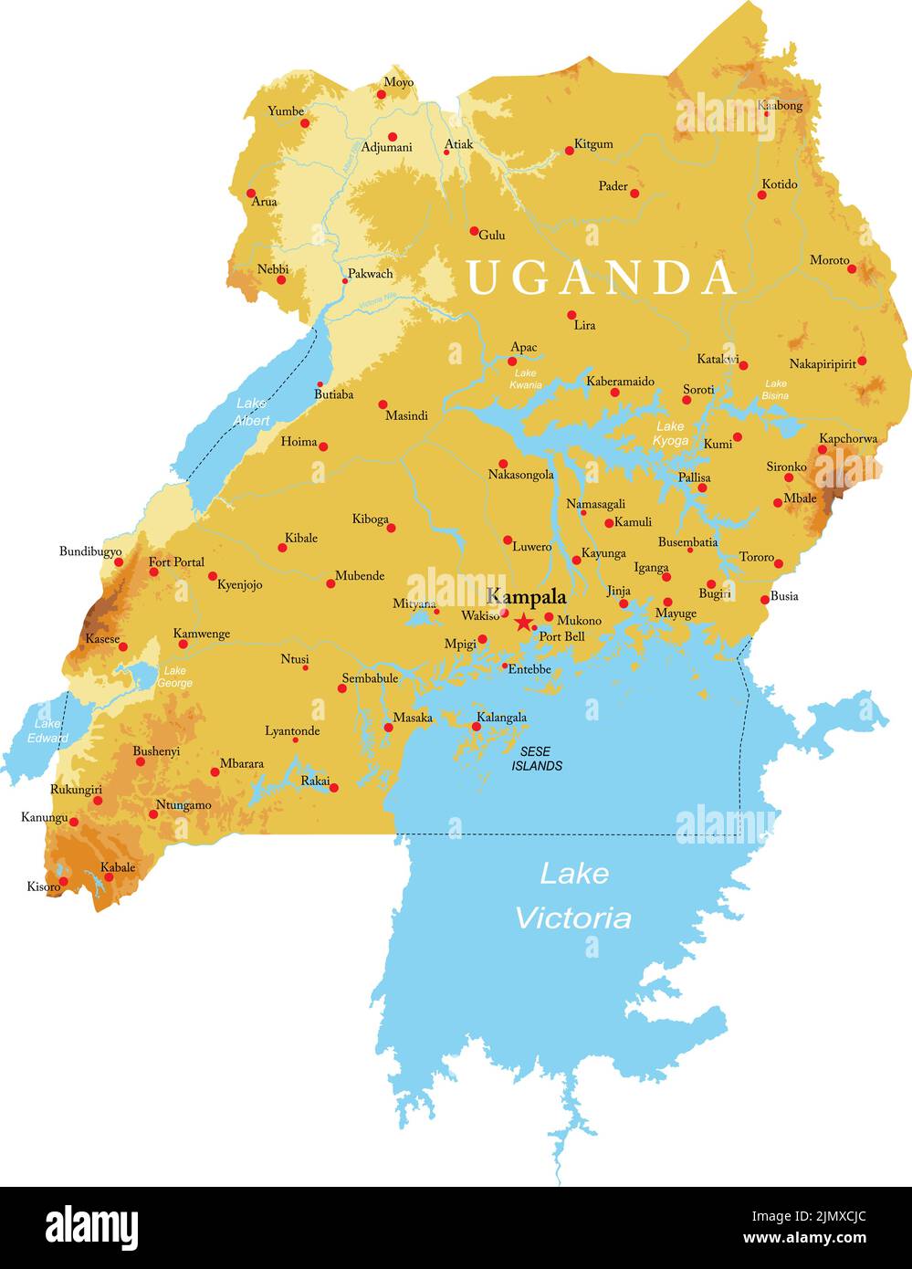 Mappa fisica altamente dettagliata dell'Uganda in formato vettoriale, con tutte le forme di rilievo, le regioni e le grandi città. Illustrazione Vettoriale