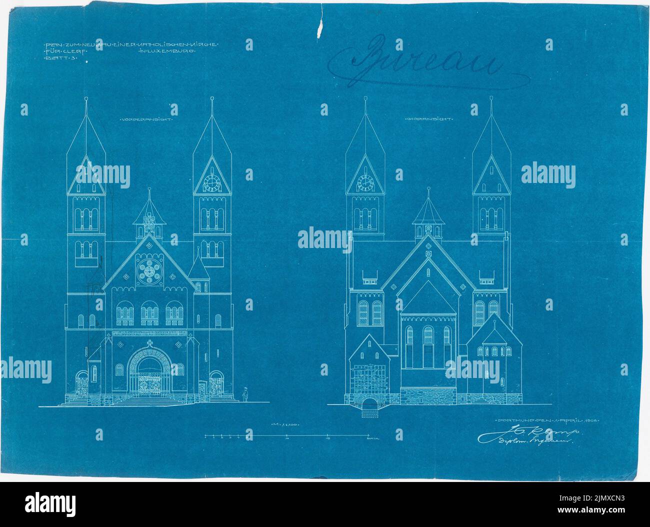 Klomp Johannes Franziskus (1865-1946), Dean's Church, Clerf (Clllervaux), Lussemburgo (1 aprile 1908): Vista frontale e coro 1: 100. Matita su piano cartaceo, 58,6 x 79 cm (compresi i bordi di scansione) Klomp Johannes Franziskus (1865-1946): Dekanatskirche, Clerf (Clervaux) Foto Stock