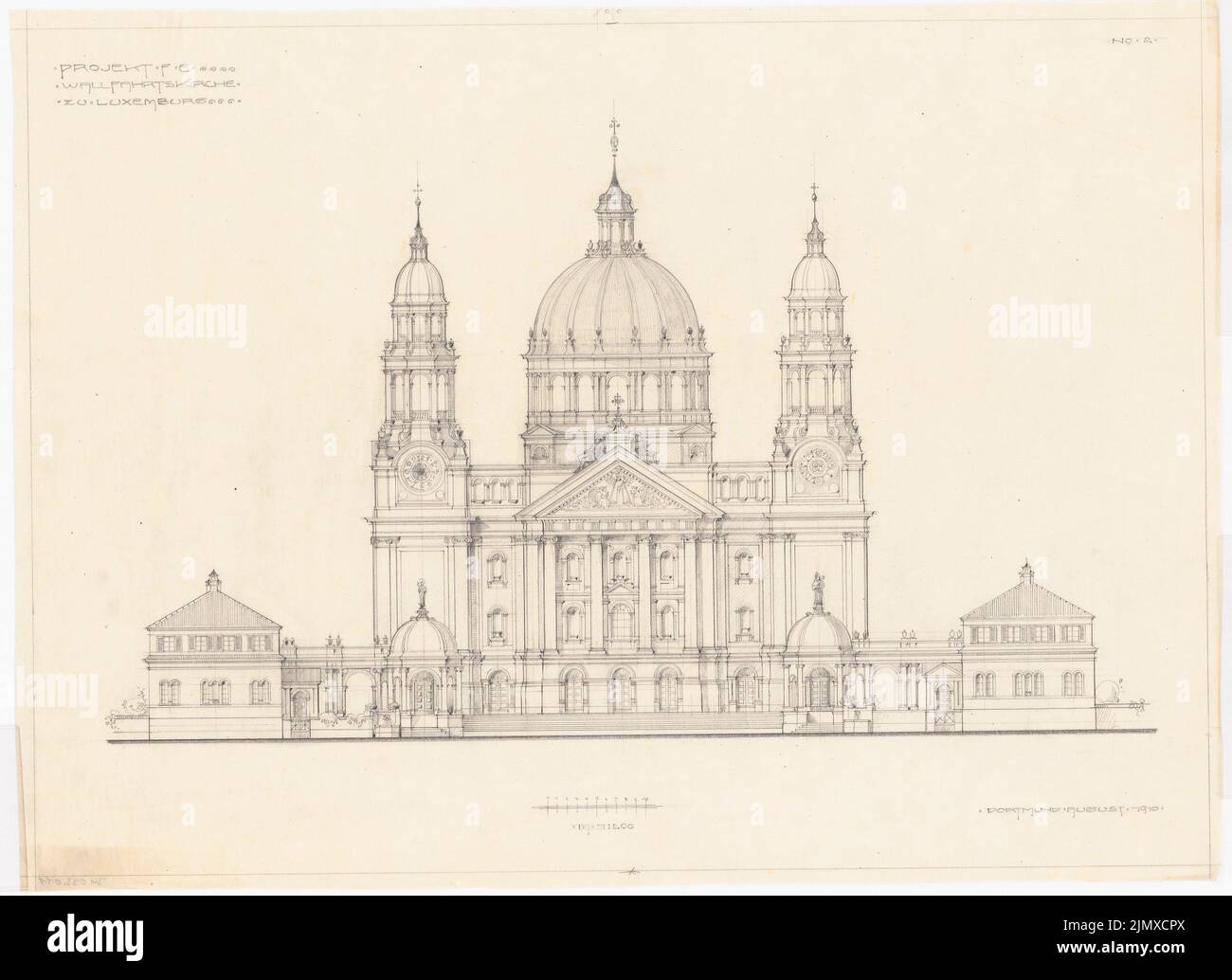 Klomp Johannes Franziskus (1865-1946), chiesa di pellegrinaggio, Lussemburgo (08,1910): Vista frontale 1: 200. Matita su trasparente, 45,4 x 62,5 cm (compresi i bordi di scansione) Klomp Johannes Franziskus (1865-1946): Wallfahrtskirche, Luxemburg Foto Stock