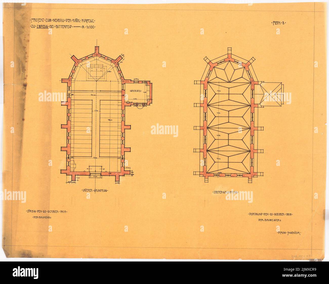 Klomp Johannes Franziskus (1865-1946), Vicarhaus e Chiesa di Sant'Antonio, Zörbig (20 ottobre 1909): Pianta nel pavimento e volta quantità della chiesa 1: 100 (foglio 8). Tusche, matita acquerello trasparente, 51,6 x 64,9 cm (compresi i bordi di scansione) Klomp Johannes Franziskus (1865-1946): Vikarhaus und Kirche St. Antonius, Zörbig Foto Stock