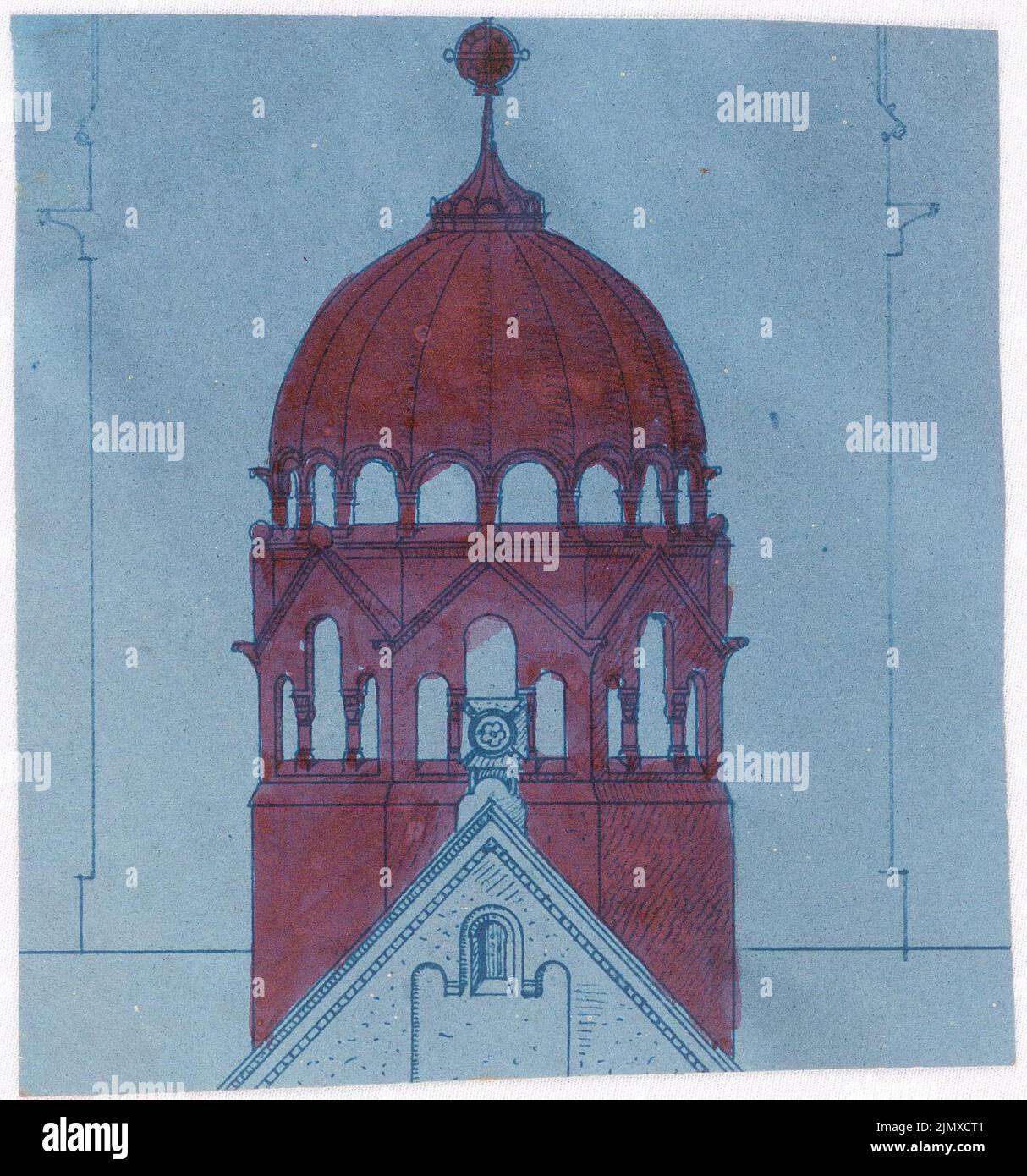 Klomp Johannes Franziskus (1865-1946), chiesa di pellegrinaggio, Lussemburgo (1910-1910): Vista di un casco torre (frammento). Blueprint acquerello su carta, 12,8 x 12 cm (compresi i bordi di scansione) Klomp Johannes Franziskus (1865-1946): Wallfahrtskirche, Luxemburg Foto Stock