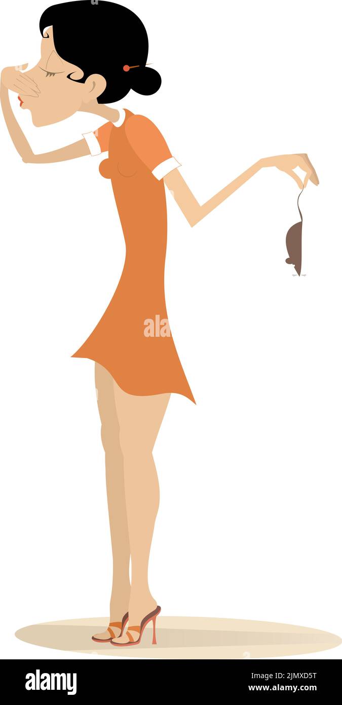 Donna che tiene un mouse. La giovane donna chiude il naso e si allontana dal topo, tenendola dalla coda. Isolato su sfondo bianco Illustrazione Vettoriale