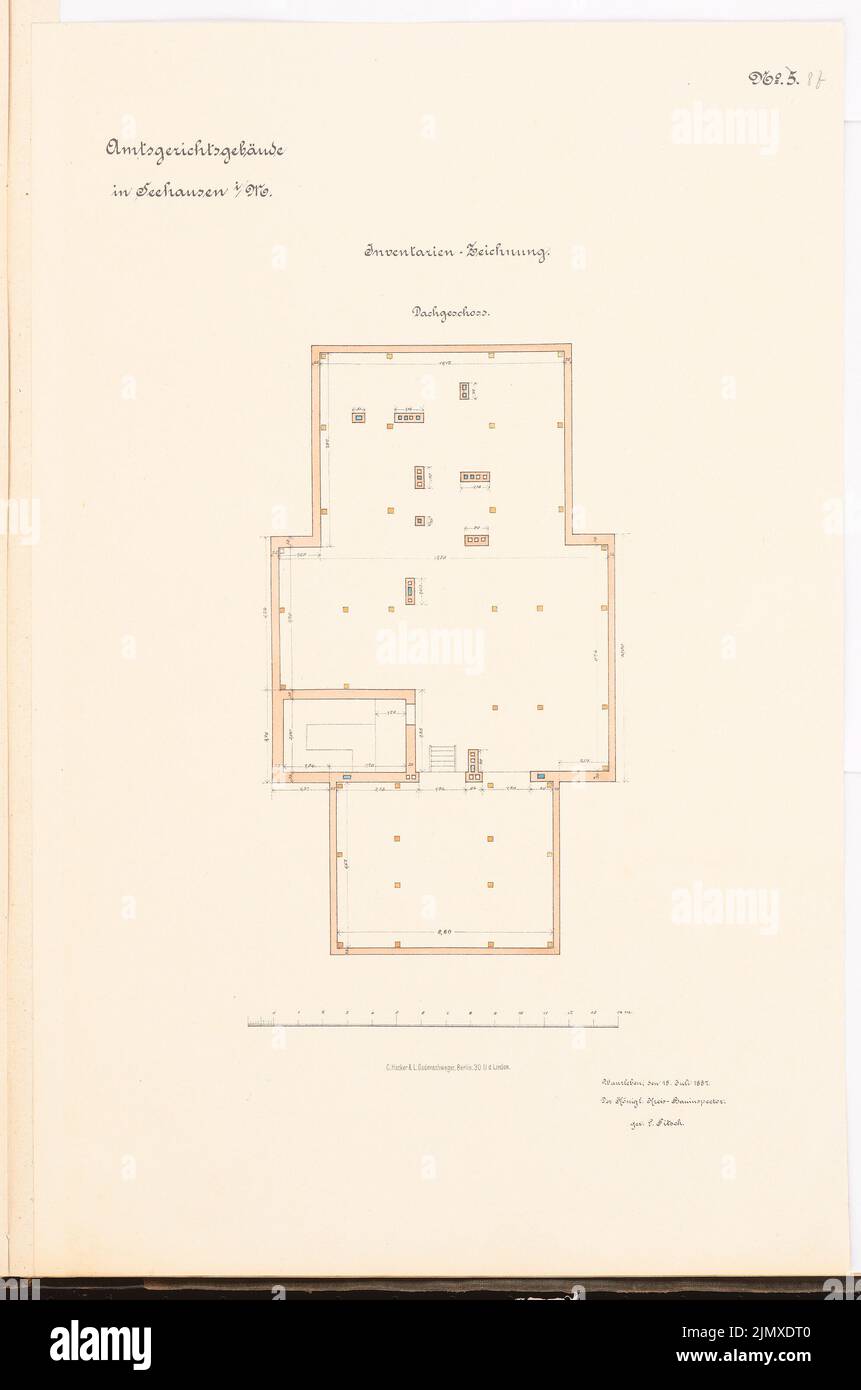 Architetto sconosciuto, tribunale distrettuale, Seehausen (ca 1887): Rilevato contenuto piano N. N. Litografia colorata su carta, 53,1 x 35,2 cm (compresi i bordi di scansione) N. : Amtsgericht, Seehausen Foto Stock