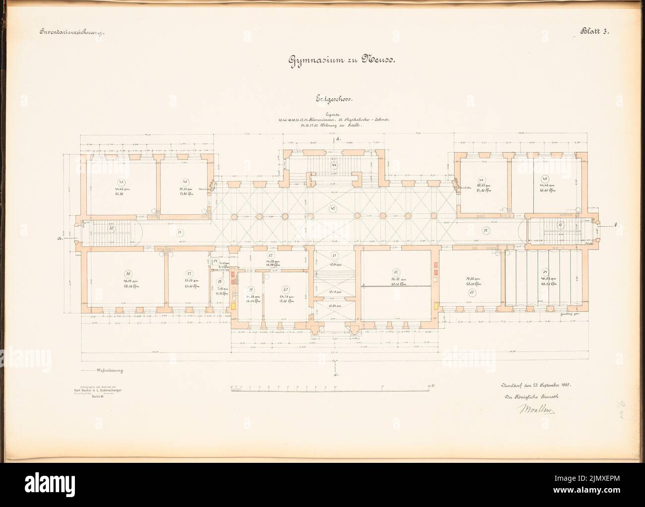 Architetto sconosciuto, scuola superiore a Neuss (ca 1889/1890): Grundriss ad es. Litografia colorata su carta, 49,3 x 68,8 cm (compresi i bordi di scansione) N. : Palestra, Neuss Foto Stock