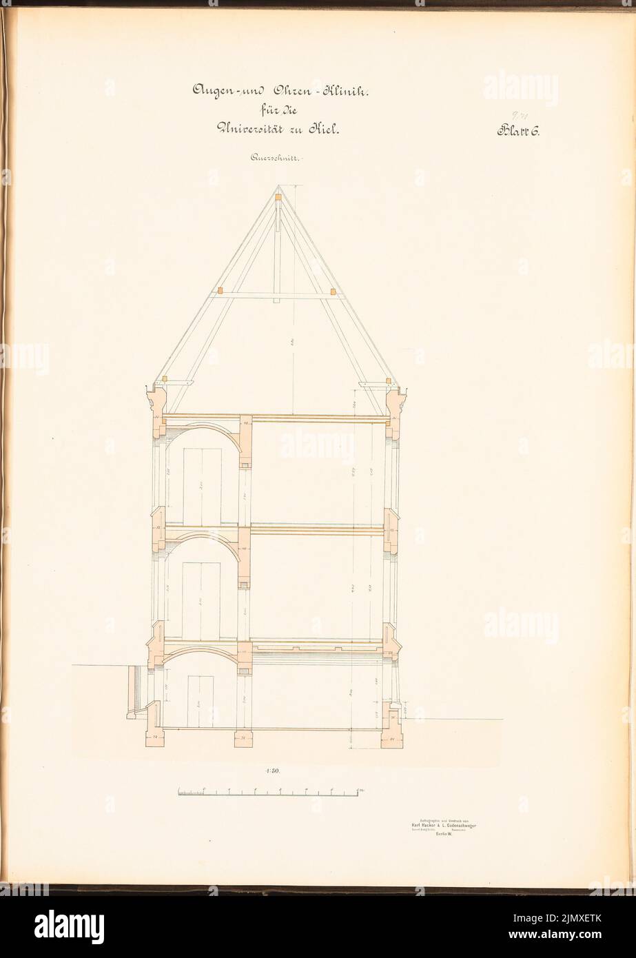 Sconosciuto architetto, clinica oculare ed auricolare della Christian Albrechts University Kiel (ca 1889/1890): sezione 1:50. Litografia colorata su carta, 69,2 x 49,1 cm (compresi i bordi di scansione) N. : Augen- und Ohrenklinik der Christian-Albrechts-Universität Kiel Foto Stock