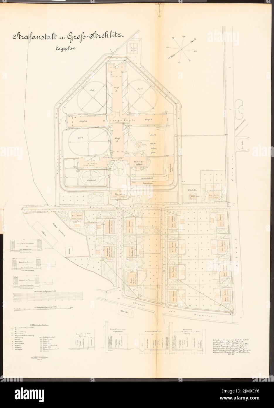 Architetto sconosciuto, prigione a Groß-Strehlitz (1885-1889): Pianta del sito 1: 500. Litografia colorata su carta, 111,4 x 80,1 cm (compresi i bordi di scansione) N. : Gefängnis, Groß-Strehlitz Foto Stock