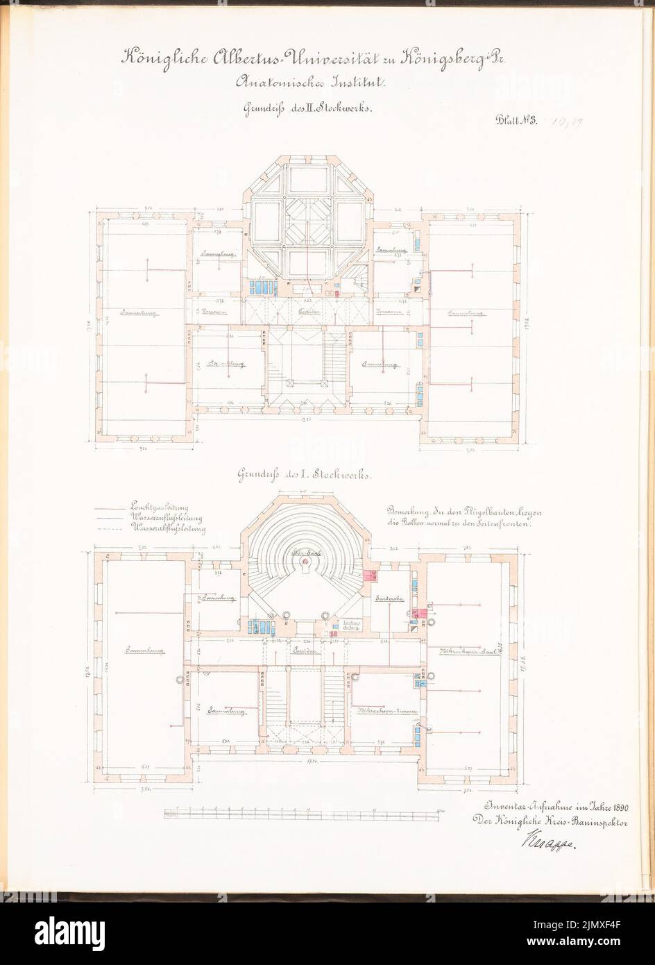 Architetto sconosciuto, Istituto anatomico dell'Università Albertus Königsberg (ca 1890): Grundrisse 1st e 2nd ER. Litografia colorata su carta, 68,9 x 50 cm (compresi i bordi di scansione) N. : Anatomisches Institut der Albertus-Universität Königsberg Foto Stock