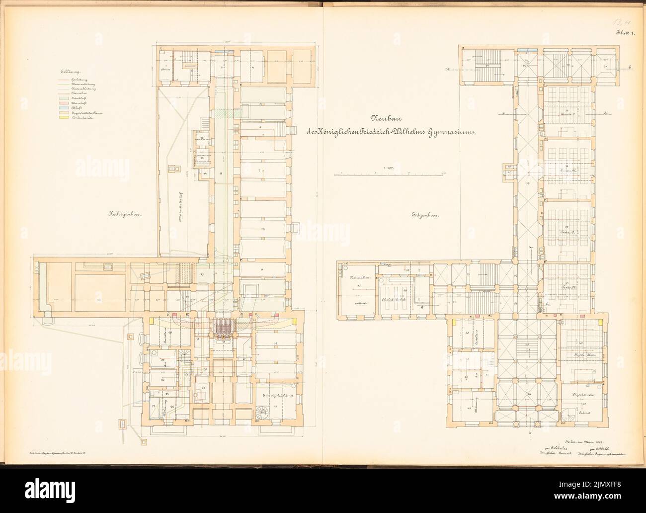 Schulze Friedrich (1843-1912), Friedrich-Wilhelm-Gymnasium, Berlino (1888-1890): Grundriss KG, EG 1: 100. Litografia colorata su carta, 69 x 95,1 cm (compresi i bordi di scansione) Schulze Friedrich (1843-1912): Friedrich-Wilhelm-Gymnasium, Berlino Foto Stock