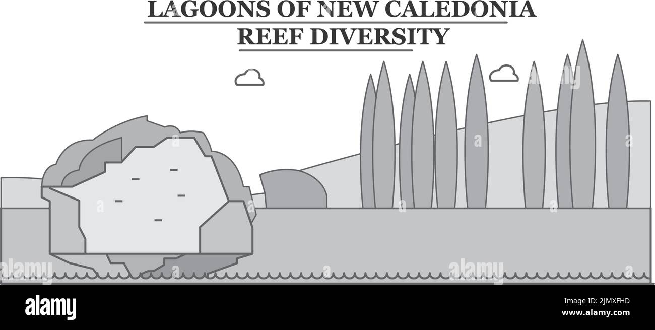 Francia, lagune della Nuova Caledonia città skyline isolato vettore illustrazione, icone Illustrazione Vettoriale