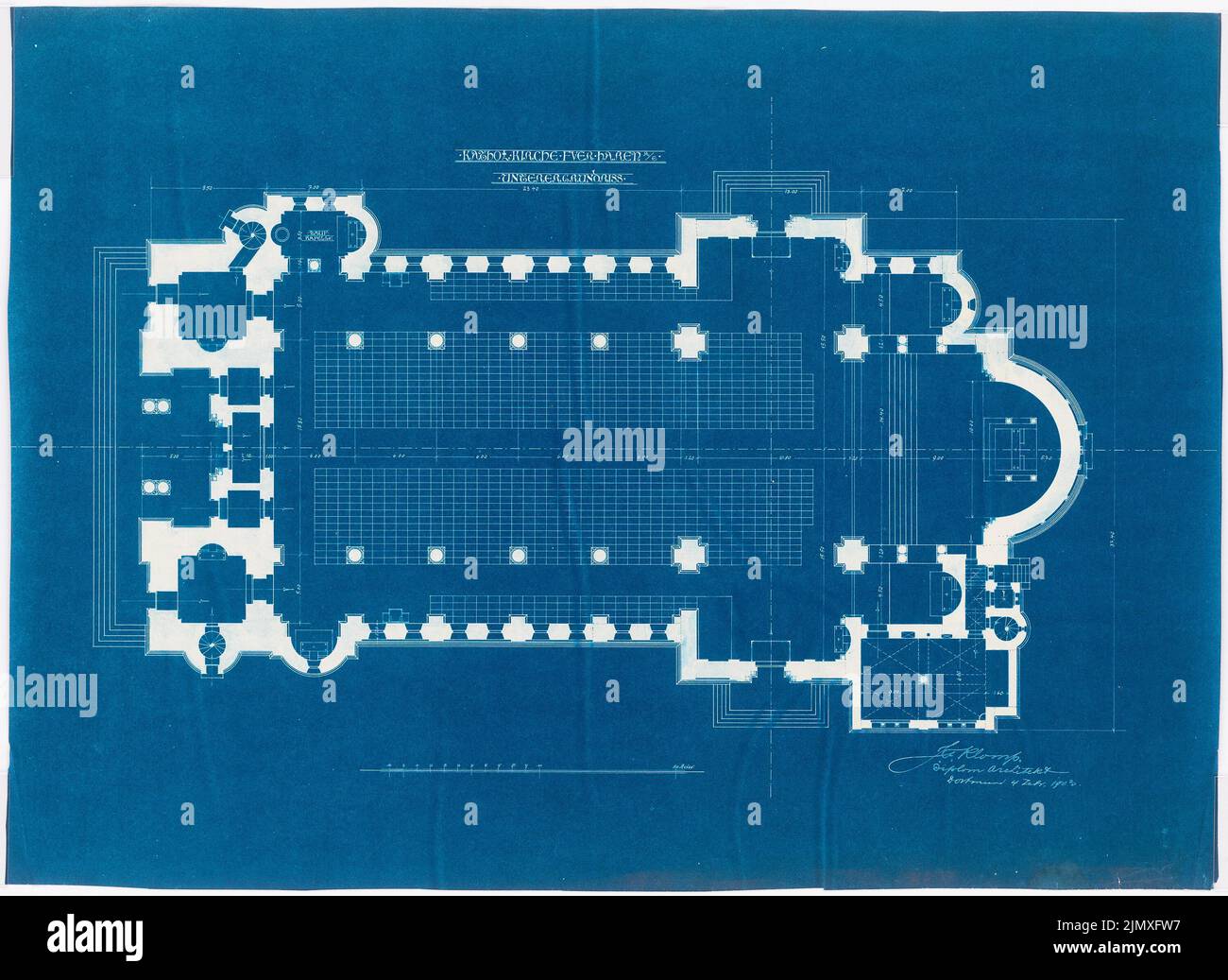 Klomp Johannes Franziskus (1865-1946), Chiesa di Haren/EMS (04.02.1903): Pianta al piano terra della nuova chiesa (1: 100). Progetto su carta, 65,3 x 89,5 cm (compresi i bordi di scansione) Klomp Johannes Franziskus (1865-1946): Kirche, Haren/EMS Foto Stock