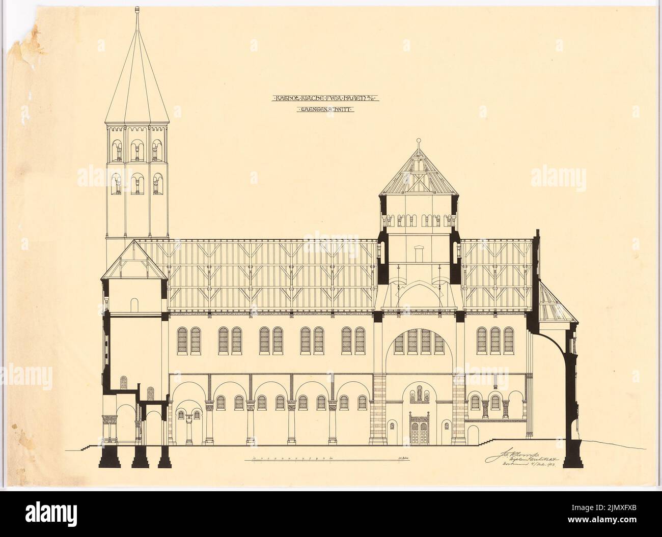 Klomp Johannes Franziskus (1865-1946), Chiesa di Haren/EMS (04.02.1903): Sezione longitudinale (1: 100). Inchiostro su trasparente, 70,4 x 94,8 cm (compresi i bordi di scansione) Klomp Johannes Franziskus (1865-1946): Kirche, Haren/EMS Foto Stock