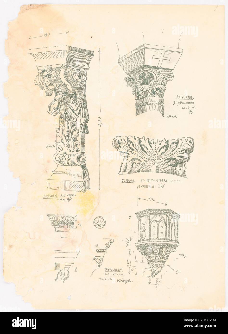 Architetti accademici Berlino (AAVB), schemchbook SS 1902: Zwinger a Dresda, chiese a Perugia, Ravenna, Classe (1902): Dettagli. Pressione su carta, 39,1 x 28,5 cm (compresi i bordi di scansione) Akademischer Architektenverein Berlin (AAVB) : Skizzenheft SS 1902: Zwinger, Dresda. Kirchen, Perugia, Ravenna, Classe Foto Stock