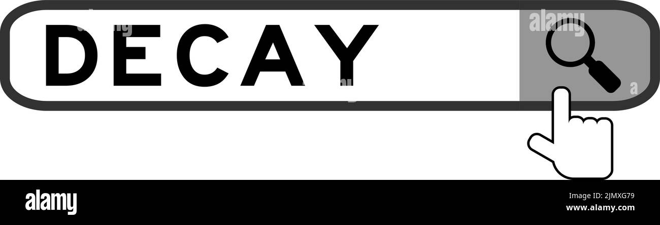 Banner di ricerca in decadimento parola con icona lente di ingrandimento mano su sfondo bianco Illustrazione Vettoriale