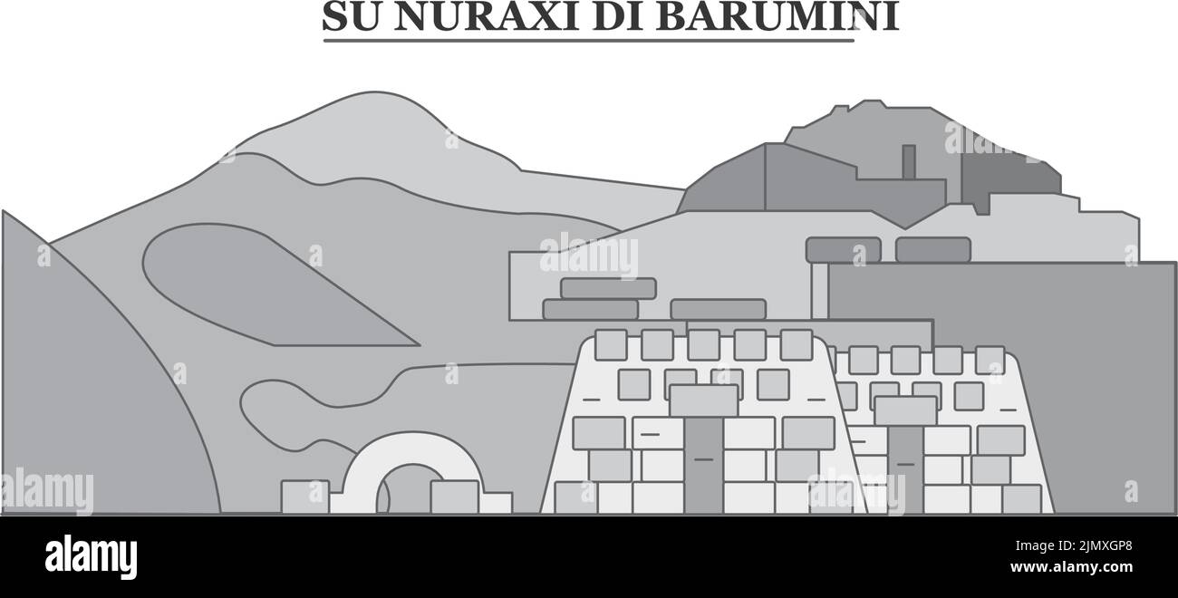 Italia, Barumini, su Nuraxi di Barumini città skyline isolato vettore illustrazione, icone Illustrazione Vettoriale