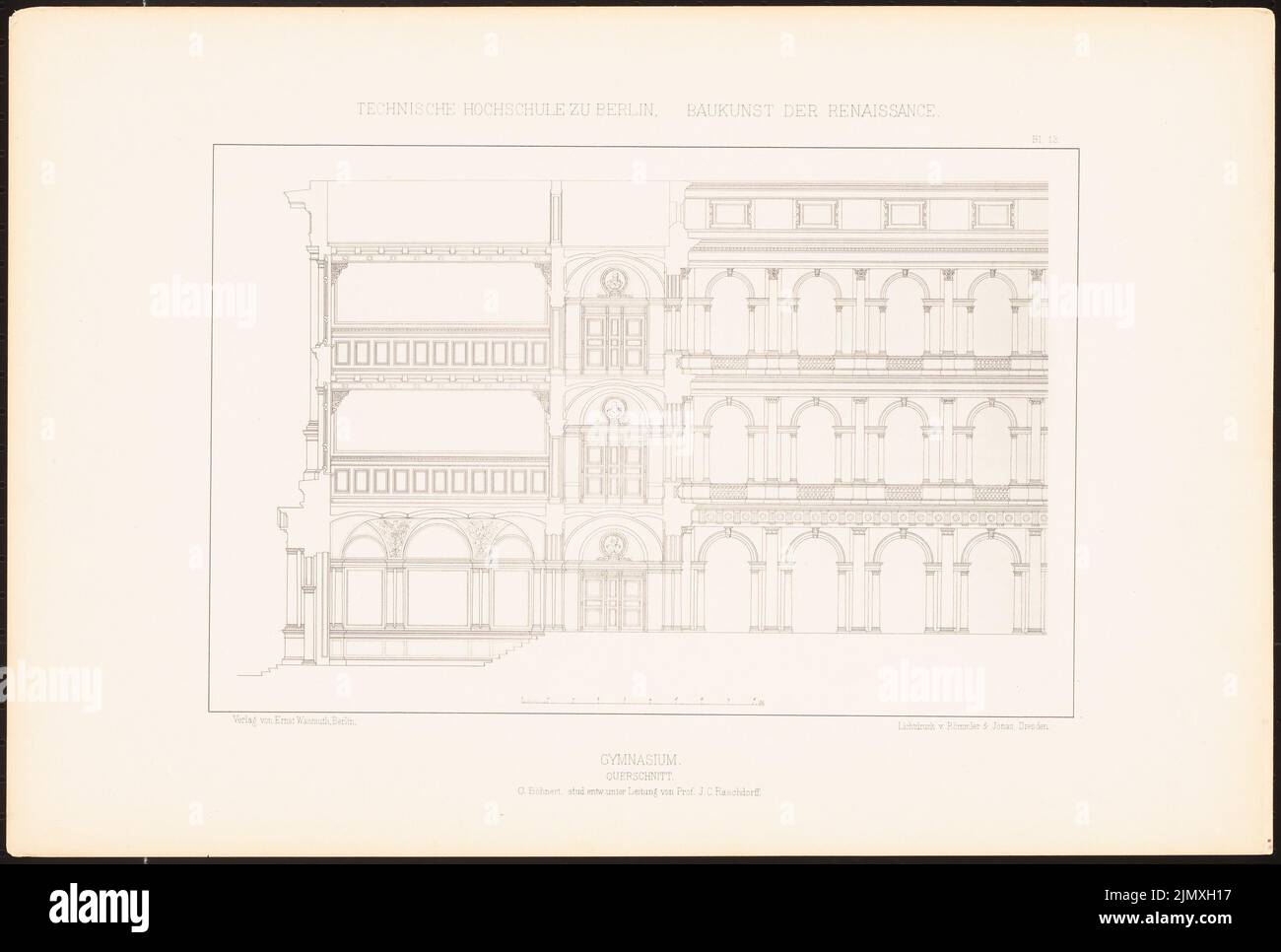 Böhnert O., scuola superiore. (Da: J.C. Raschdorff, architettura del Rinascimento, 1881.) (1881-1881): sezione trasversale. Leggera pressione sulla carta, 32,8 x 48,6 cm (inclusi i bordi di scansione) Foto Stock