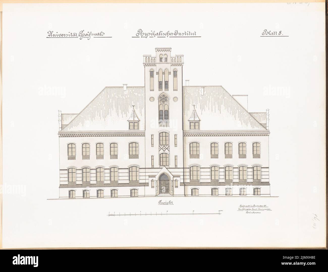 Ministero dei lavori pubblici, Università di Greifswald. Istituto fisico (1889-1891): Vista frontale. Litografia colorata su carta, 48,2 x 63,2 cm (inclusi i bordi di scansione) Foto Stock