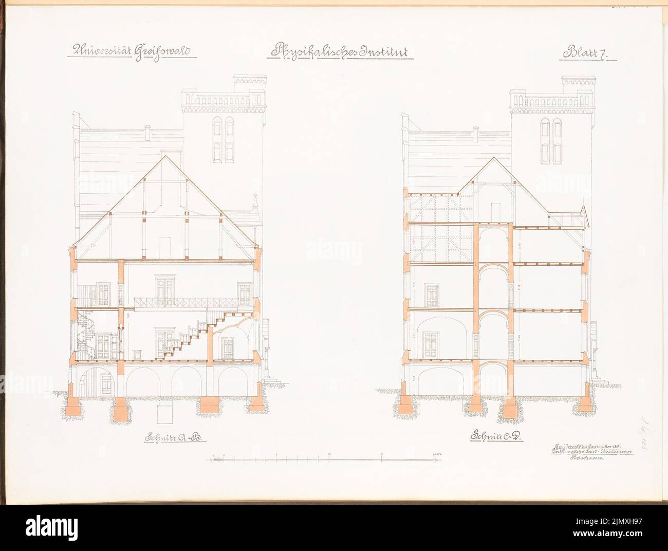 Ministero dei lavori pubblici, Università di Greifswald. Istituto fisico (1889-1891): 2 tagli. Litografia colorata su carta, 48,2 x 63,7 cm (inclusi i bordi di scansione) Foto Stock