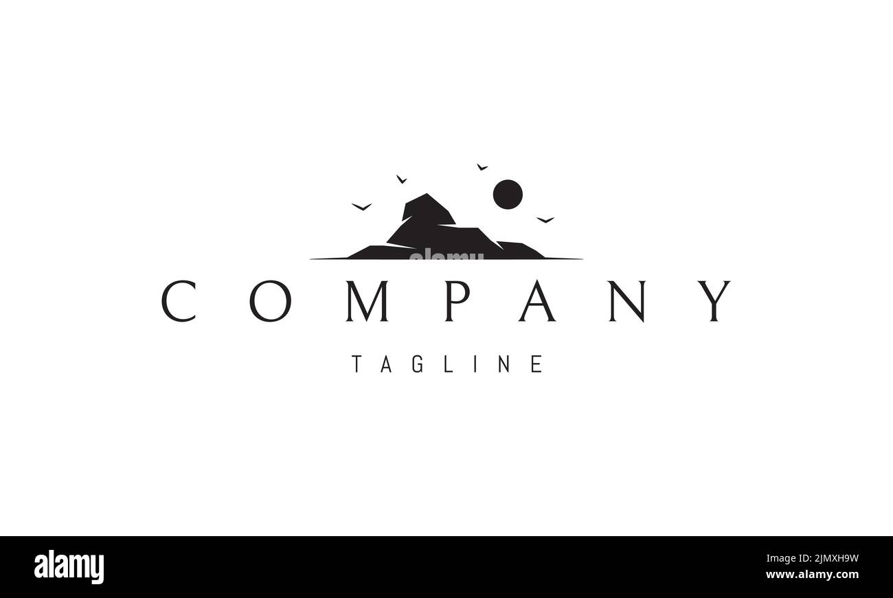Logo vettoriale su cui un'immagine astratta di un paesaggio con una roccia nel mare. Illustrazione Vettoriale