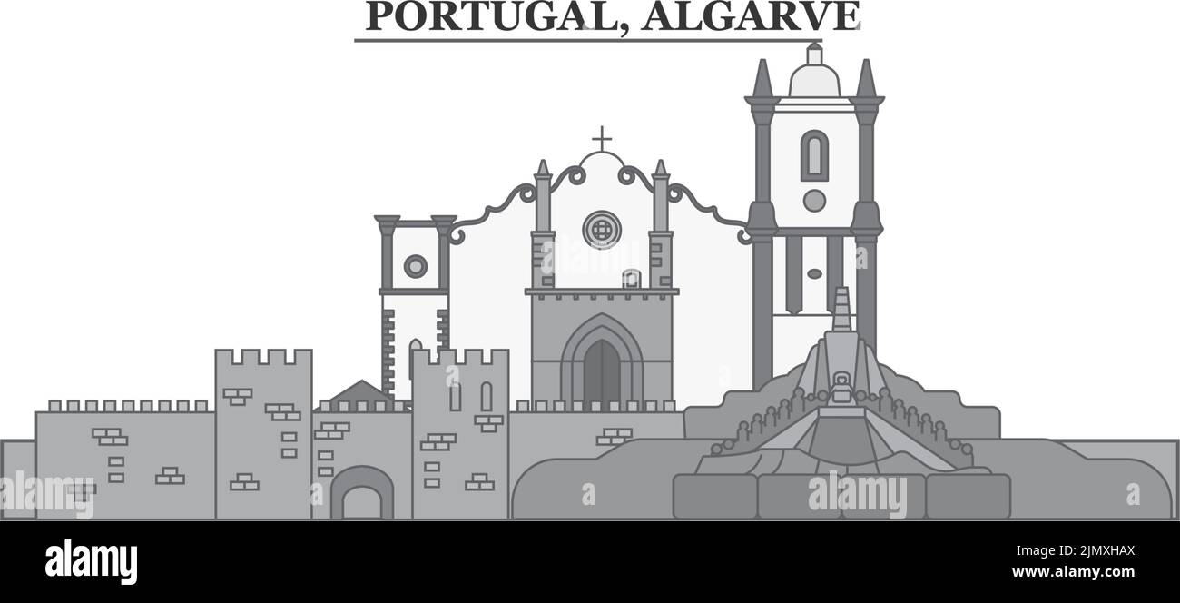 Portogallo, Algarve città skyline isolato vettore illustrazione, icone Illustrazione Vettoriale