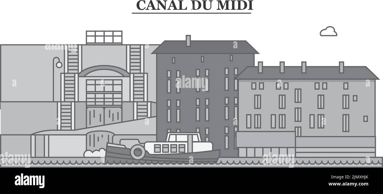 Francia, Canal Du Midi città skyline isolato vettore illustrazione, icone Illustrazione Vettoriale