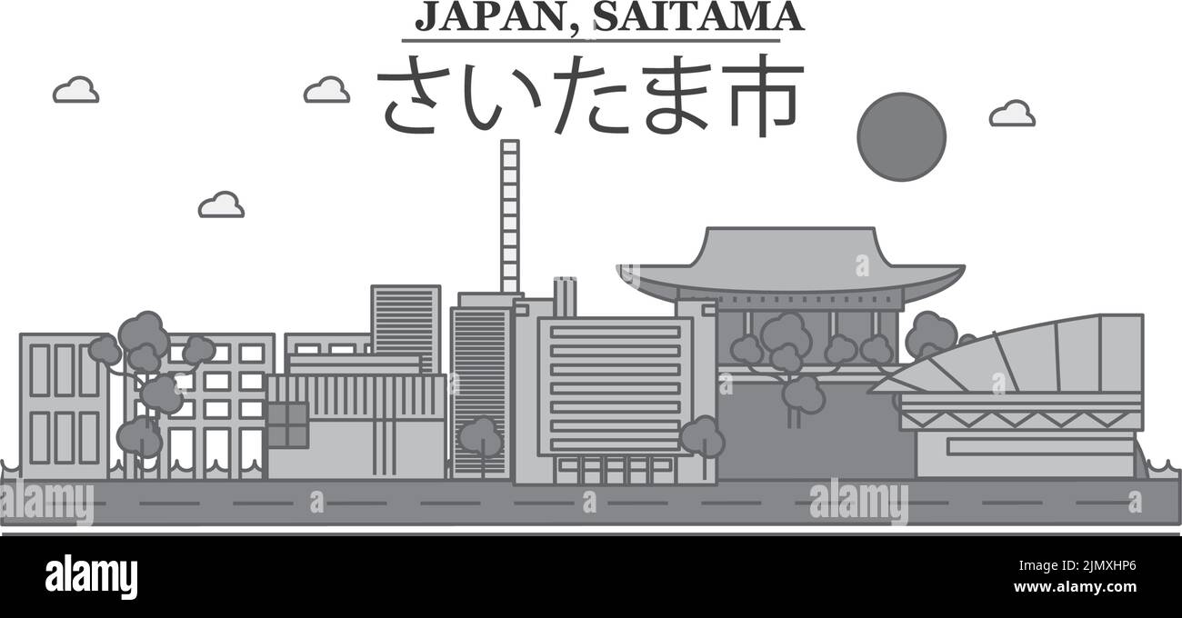 Giappone, città di Saitama skyline isolato vettore illustrazione, icone Illustrazione Vettoriale
