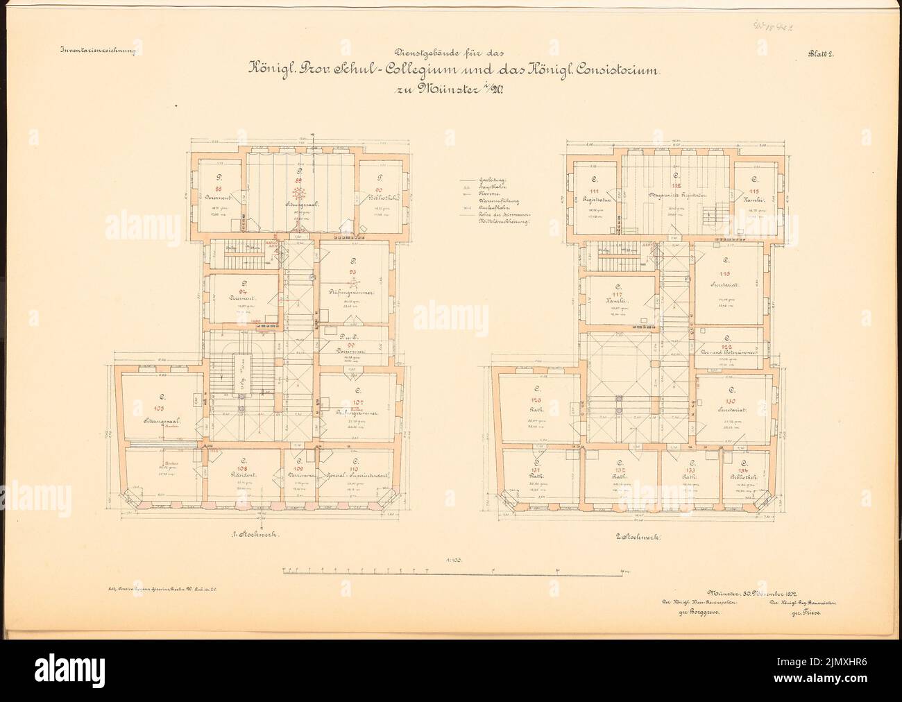 Architetto sconosciuto, scuola provinciale e Concistoro a Münster (ca 1893): Grundriss 1st e 2nd piano 1: 100. Carta da colorare per litografie, 48,8 x 68,9 cm (inclusi i bordi di scansione) Foto Stock