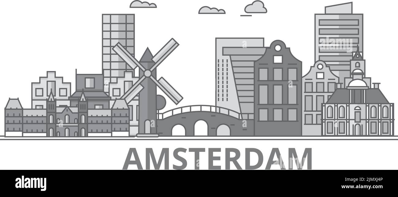Paesi Bassi, città di Amsterdam skyline isolato vettore illustrazione, icone Illustrazione Vettoriale