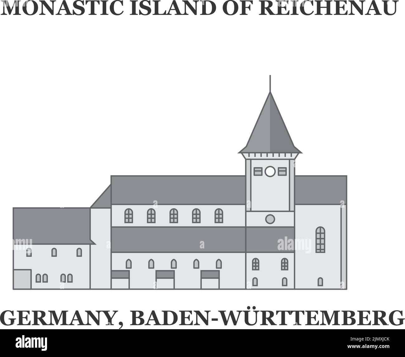 Germania, Baden Wurttemberg, Reichenau, città monastica skyline isola isolato vettore illustrazione, icone Illustrazione Vettoriale