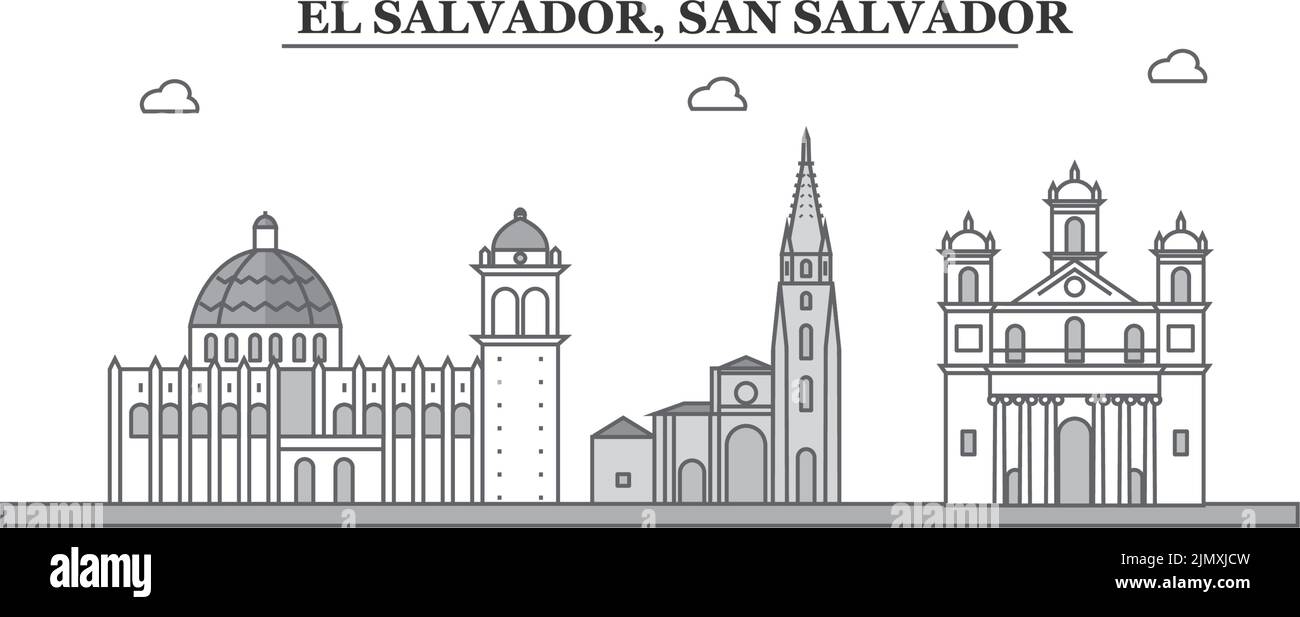 El-Salvador, San Salvador città skyline isolato vettore illustrazione, icone Illustrazione Vettoriale