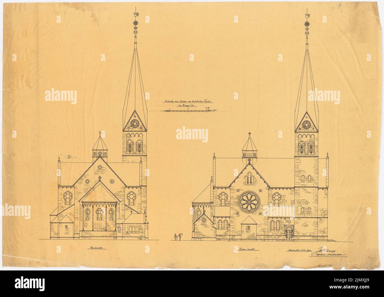 Klomp Johannes Franziskus (1865-1946), Sant'Antonio Einsiedler (estensione) (con canonica), Heggen (03.02.1900): Coro e vista laterale della chiesa 1:100. Inchiostro su trasparente, 73,3 x 103,9 cm (inclusi i bordi di scansione) Foto Stock