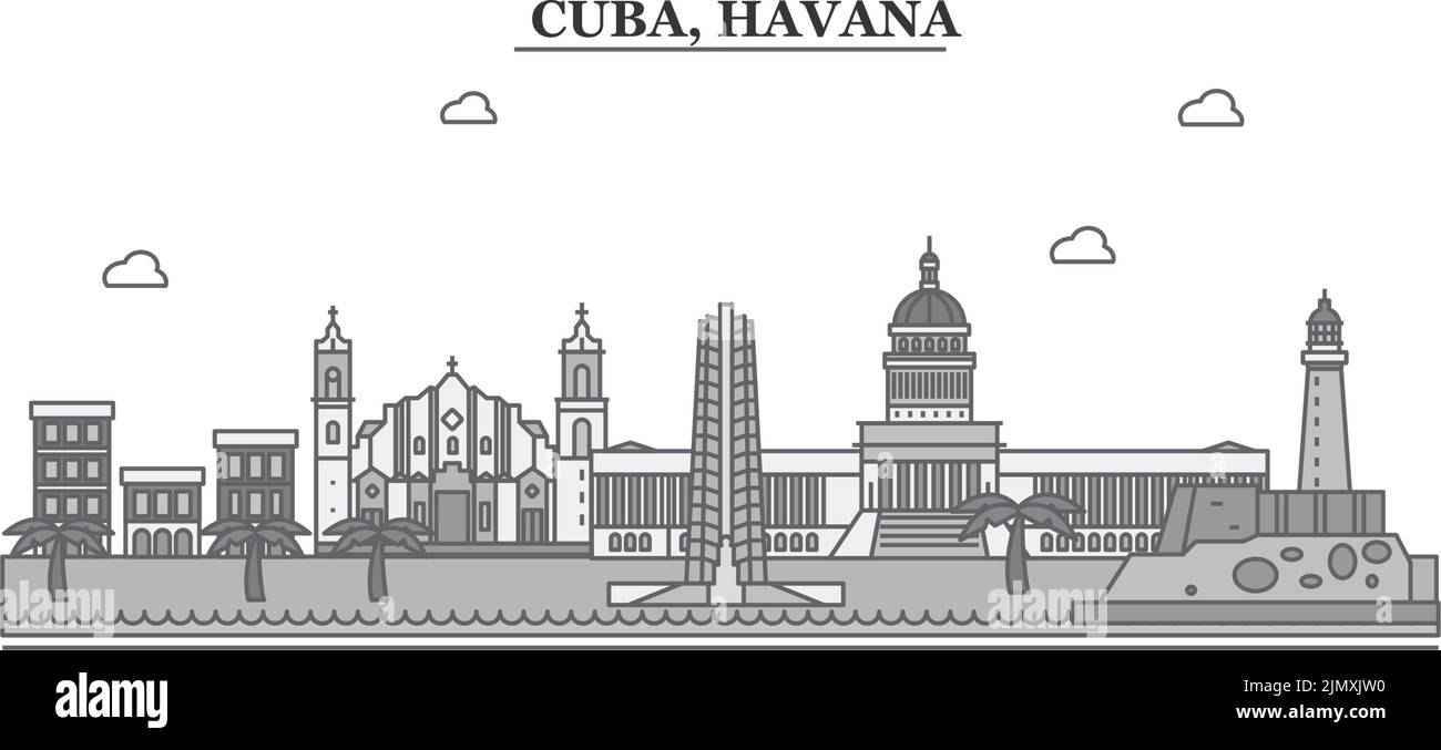 Cuba, Havana città skyline isolato vettore illustrazione, icone Illustrazione Vettoriale
