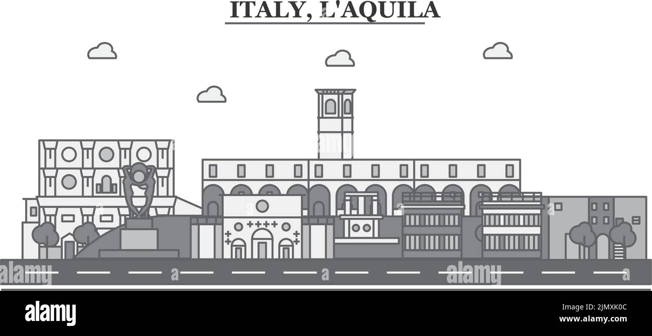 Italia, l'aquila skyline isolato vettore illustrazione, icone Illustrazione Vettoriale