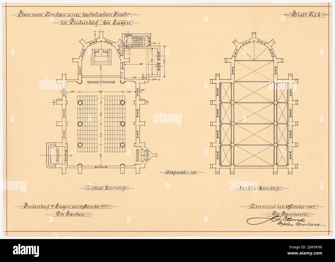 Klomp Johannes Franziskus (1865-1946), St. Laurentius, Rudersdorf nei pressi di Wilnsdorf (29 ottobre 1907): Piano inferiore e superiore (variante) 1: 100. Inchiostro, matita su trasparente, 44,9 x 63 cm (inclusi i bordi di scansione) Foto Stock