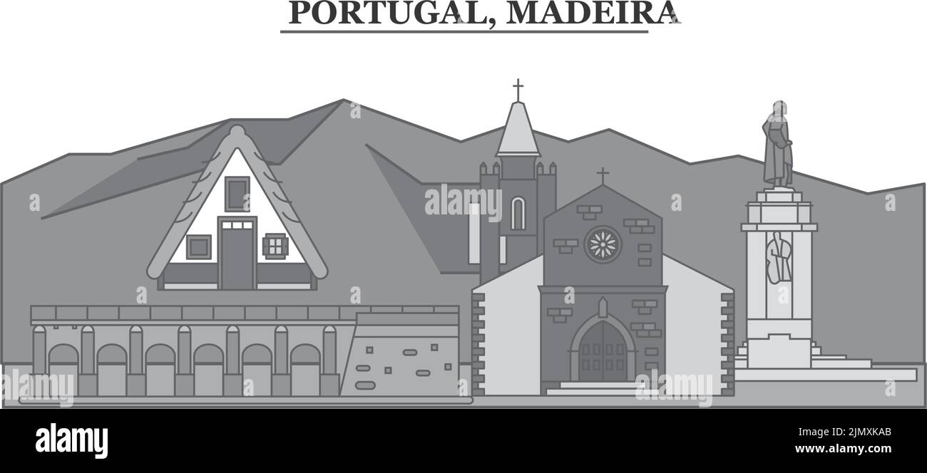 Portogallo, città di Madeira skyline isolato vettore illustrazione, icone Illustrazione Vettoriale