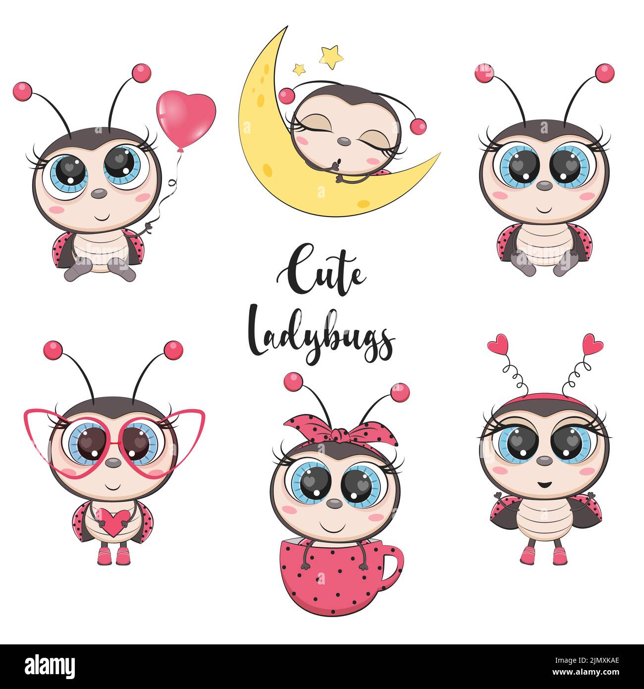 Carino fumetto ladybugs, ladybugs set. Incetto. Illustrazione Vettoriale