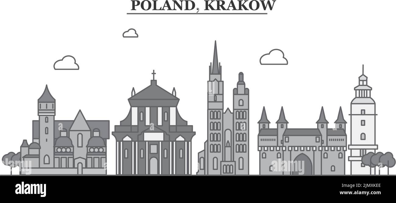 Polonia, città di Cracovia skyline isolato vettore illustrazione, icone Illustrazione Vettoriale