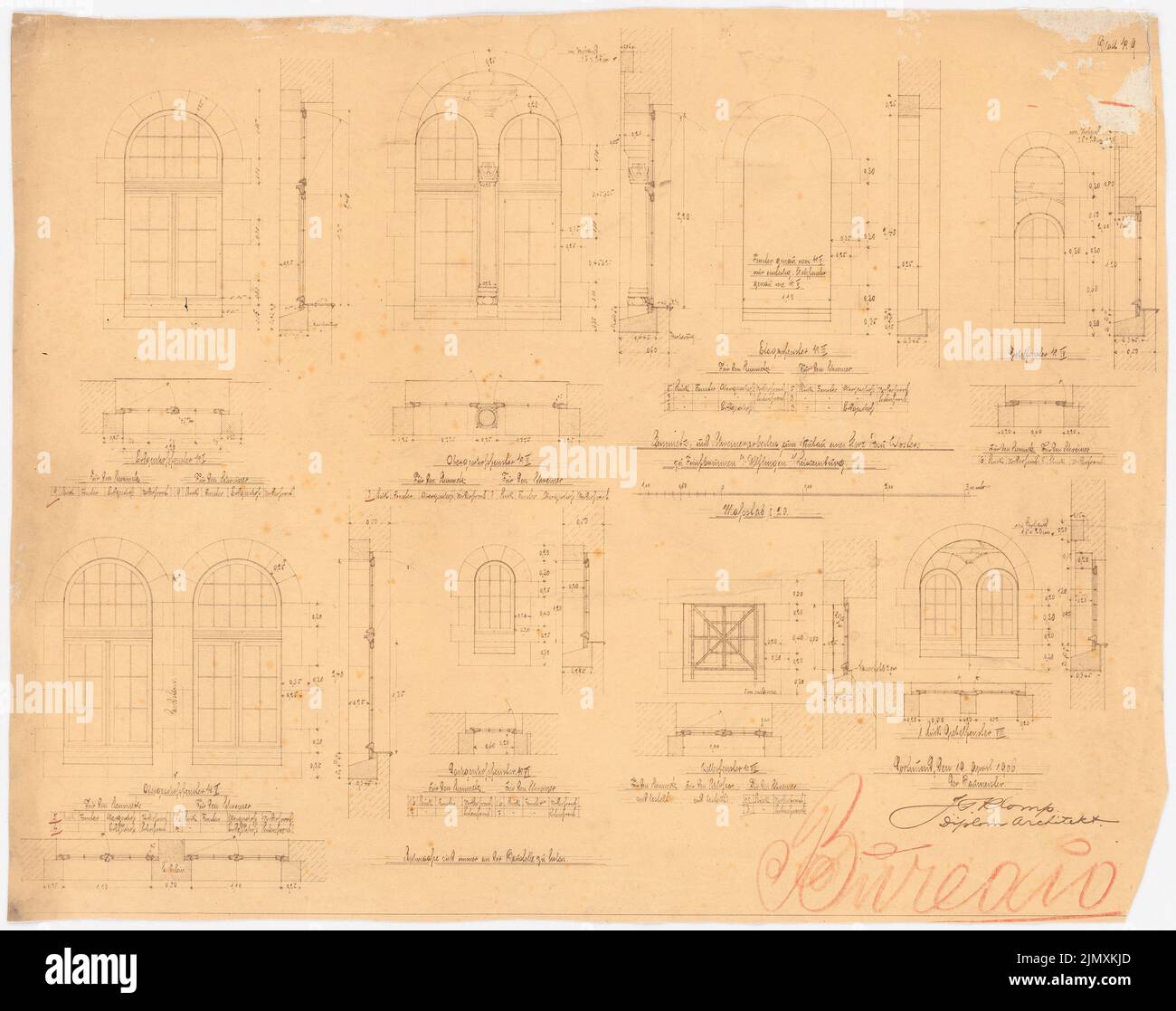 Klomp Johannes Franziskus (1865-1946), cuore di Gesù Kloster, Cinqfontaines (Fünfbrunnen) vicino Ulflingen (Troisvierges) / Lussemburgo (19 aprile 1906): Finestre, viste, piani e tagli 1:20. Rottura leggera sulla carta, 56,8 x 71,8 cm (inclusi i bordi di scansione) Foto Stock