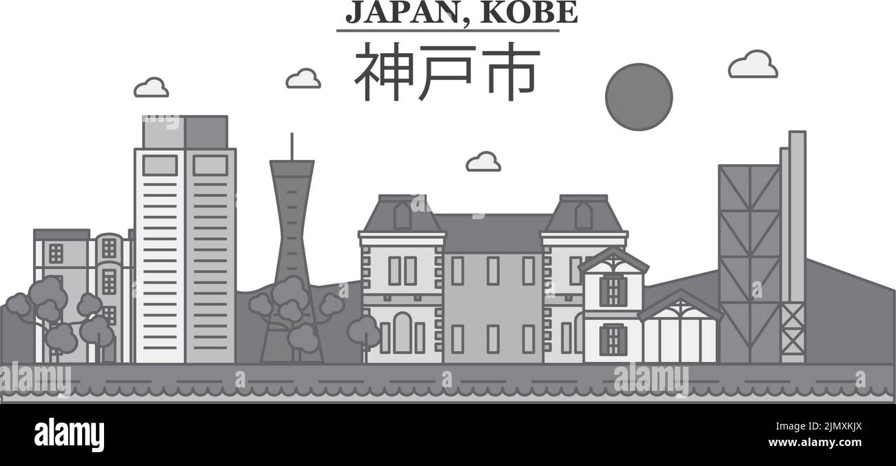 Giappone, città di Kobe skyline isolato vettore illustrazione, icone Illustrazione Vettoriale