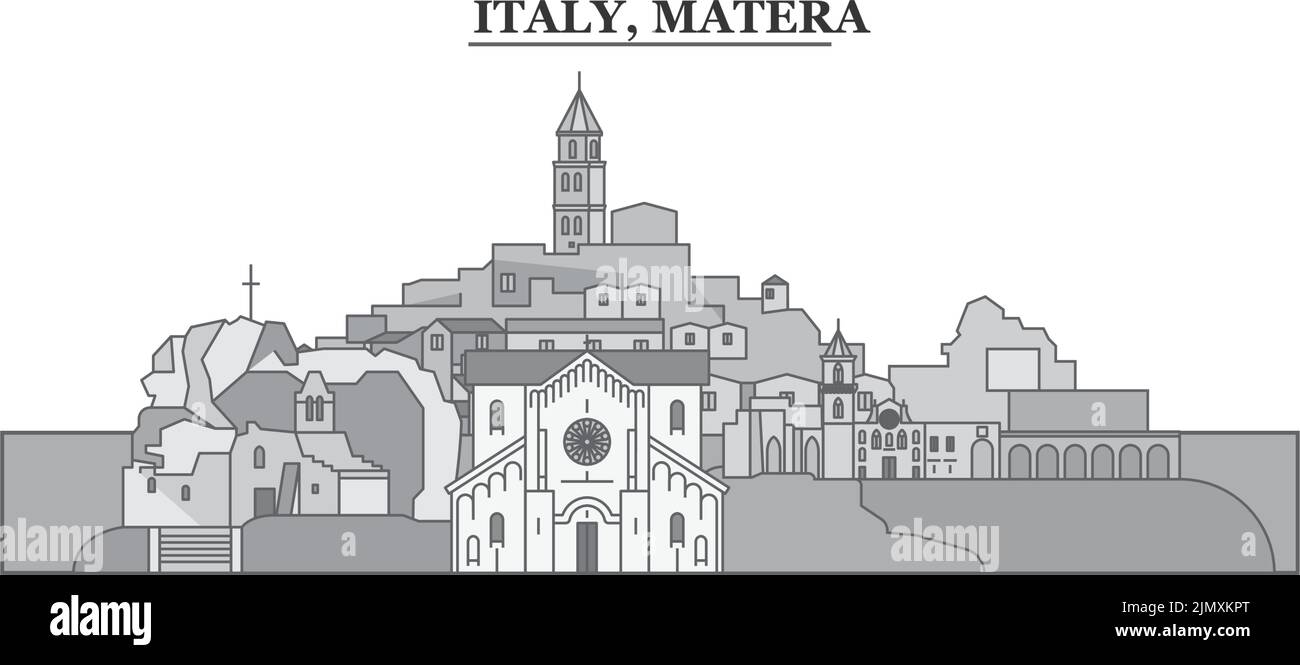 Italia, Matera città skyline isolato vettore illustrazione, icone Illustrazione Vettoriale