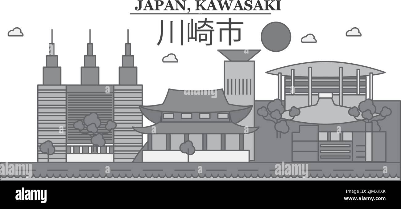 Giappone, Kawasaki città skyline isolato vettore illustrazione, icone Illustrazione Vettoriale