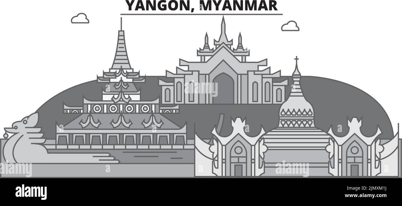 Myanmar, Yangon città skyline isolato vettore illustrazione, icone Illustrazione Vettoriale