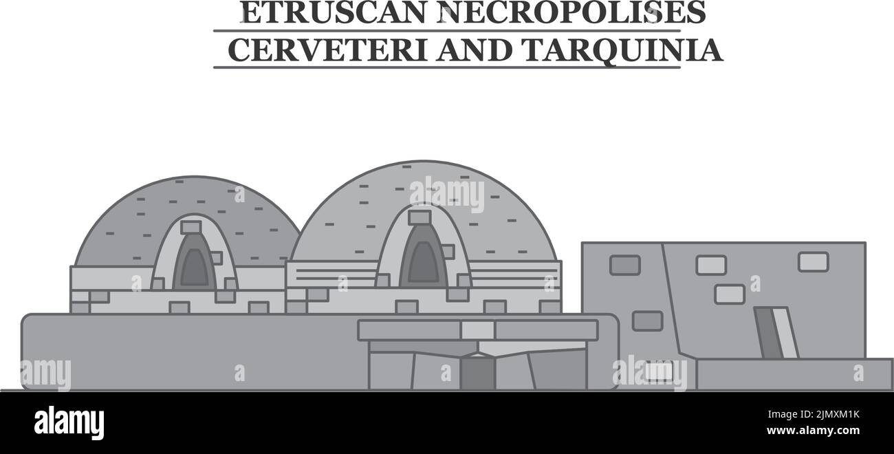 Italia, Cerveteri, necropoli etrusche skyline città isolato vettore illustrazione, icone Illustrazione Vettoriale