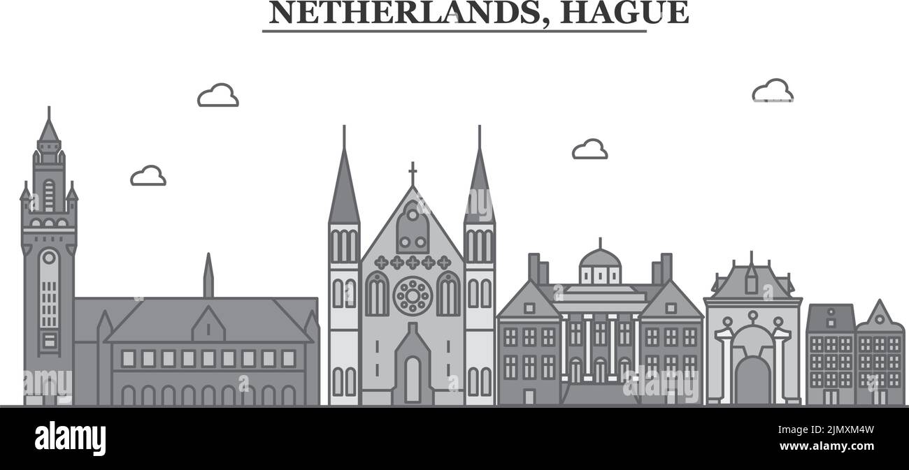Paesi Bassi, città dell'Aia skyline isolato vettore illustrazione, icone Illustrazione Vettoriale