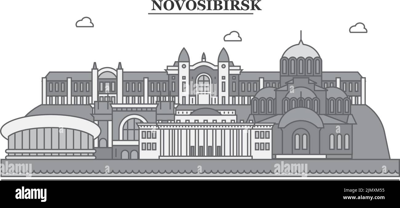 Russia, Novosibirsk città skyline isolato vettore illustrazione, icone Illustrazione Vettoriale