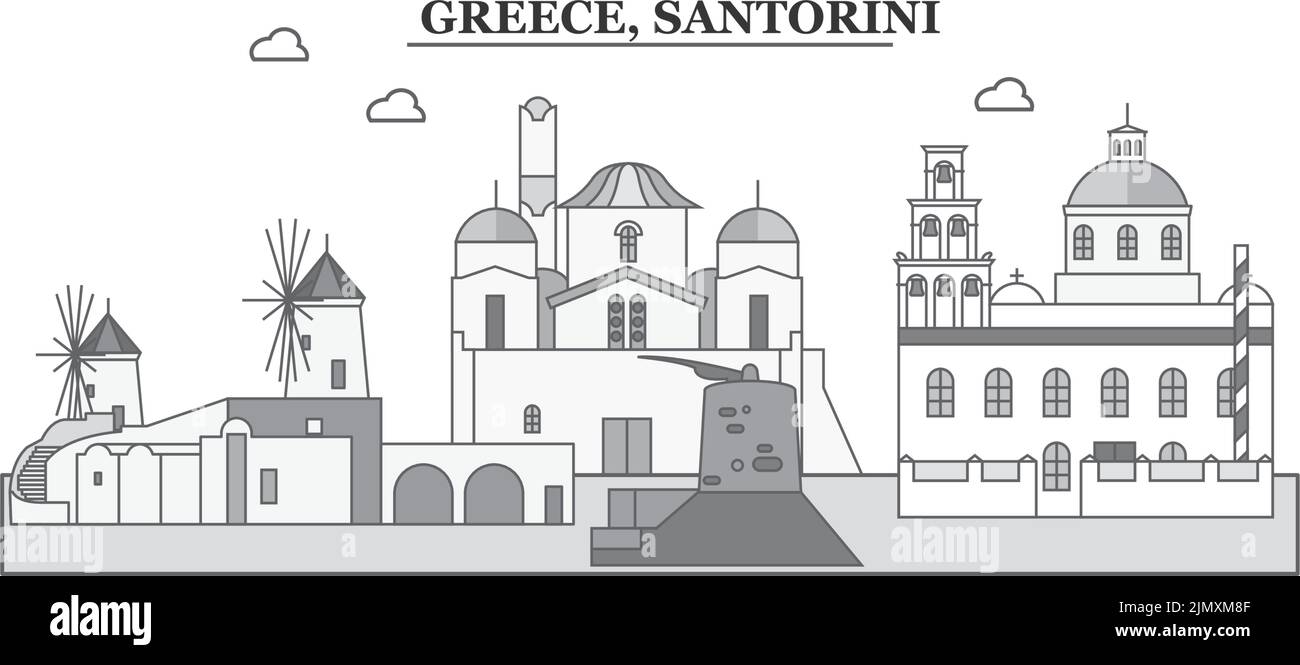 Grecia, città di Santorini skyline isolato vettore illustrazione, icone Illustrazione Vettoriale